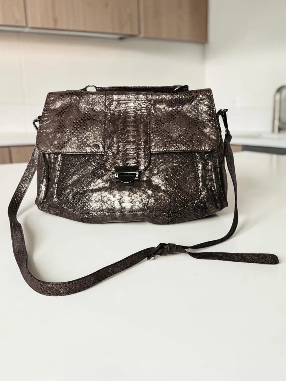 Lauren Merkin Brown Metallic Reptile Snake Print Leather Shoulder Bag